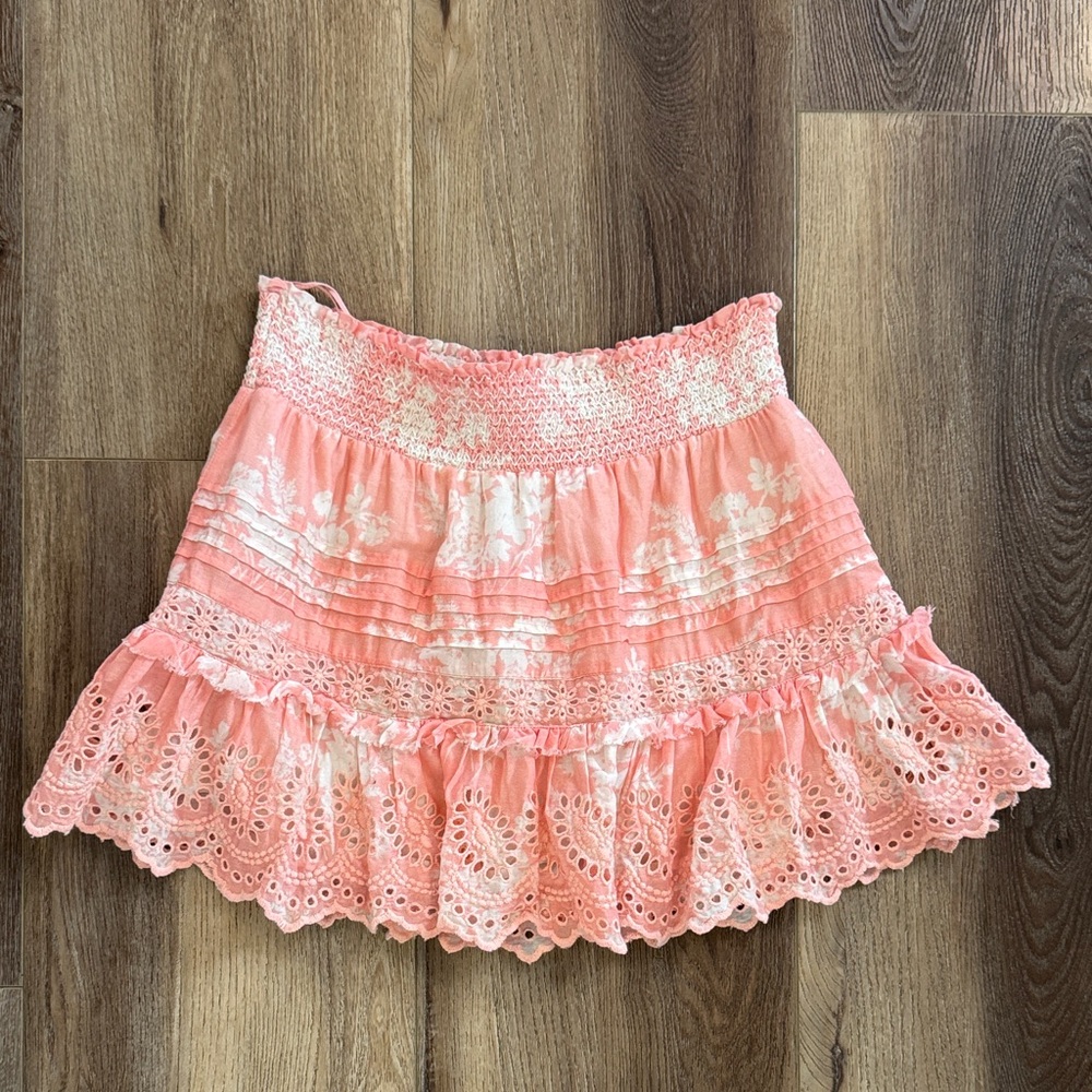 LoveShackFancy Coral Floral Lace Mini Skirt